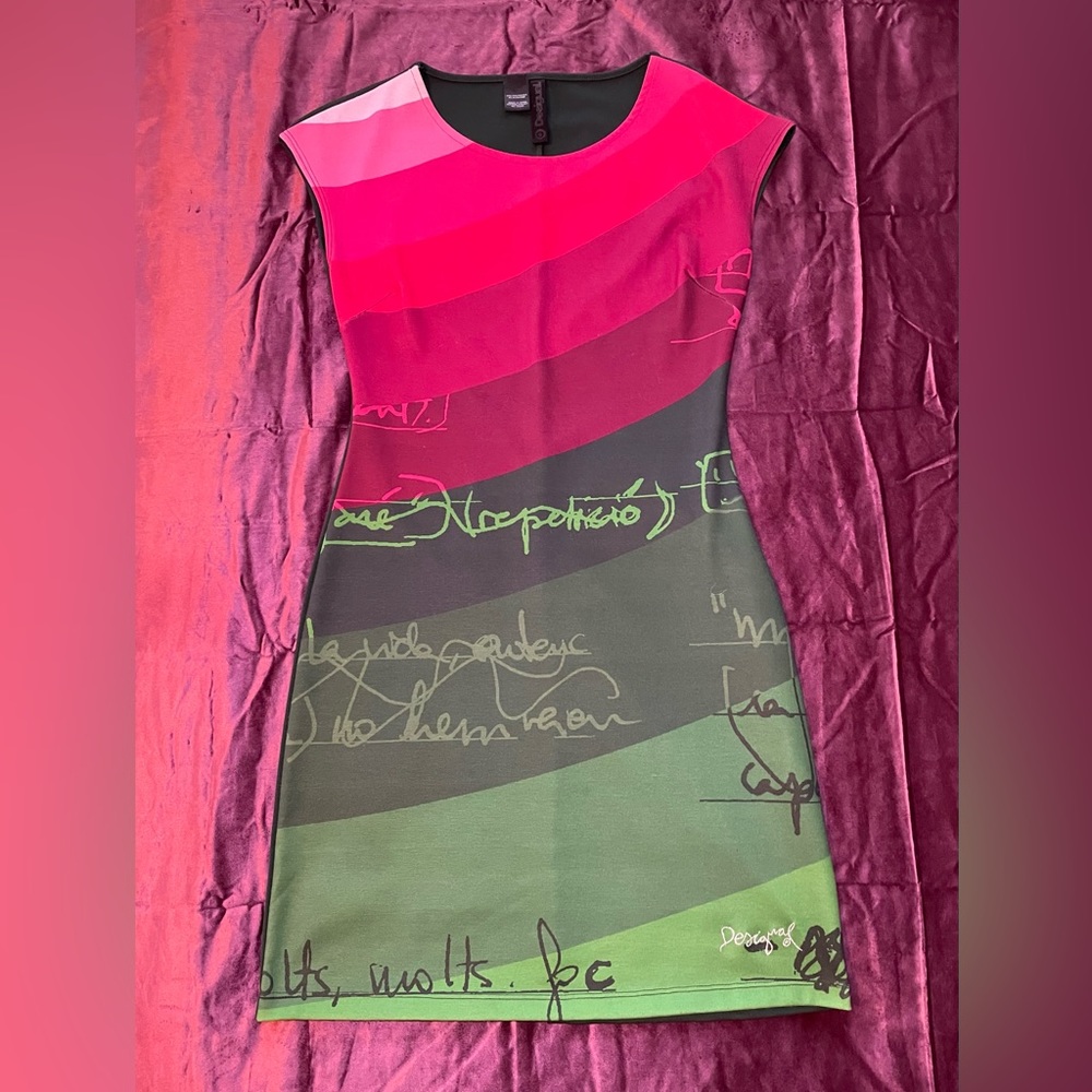 Desigual pink and green sleeveless stretch knit mini dress